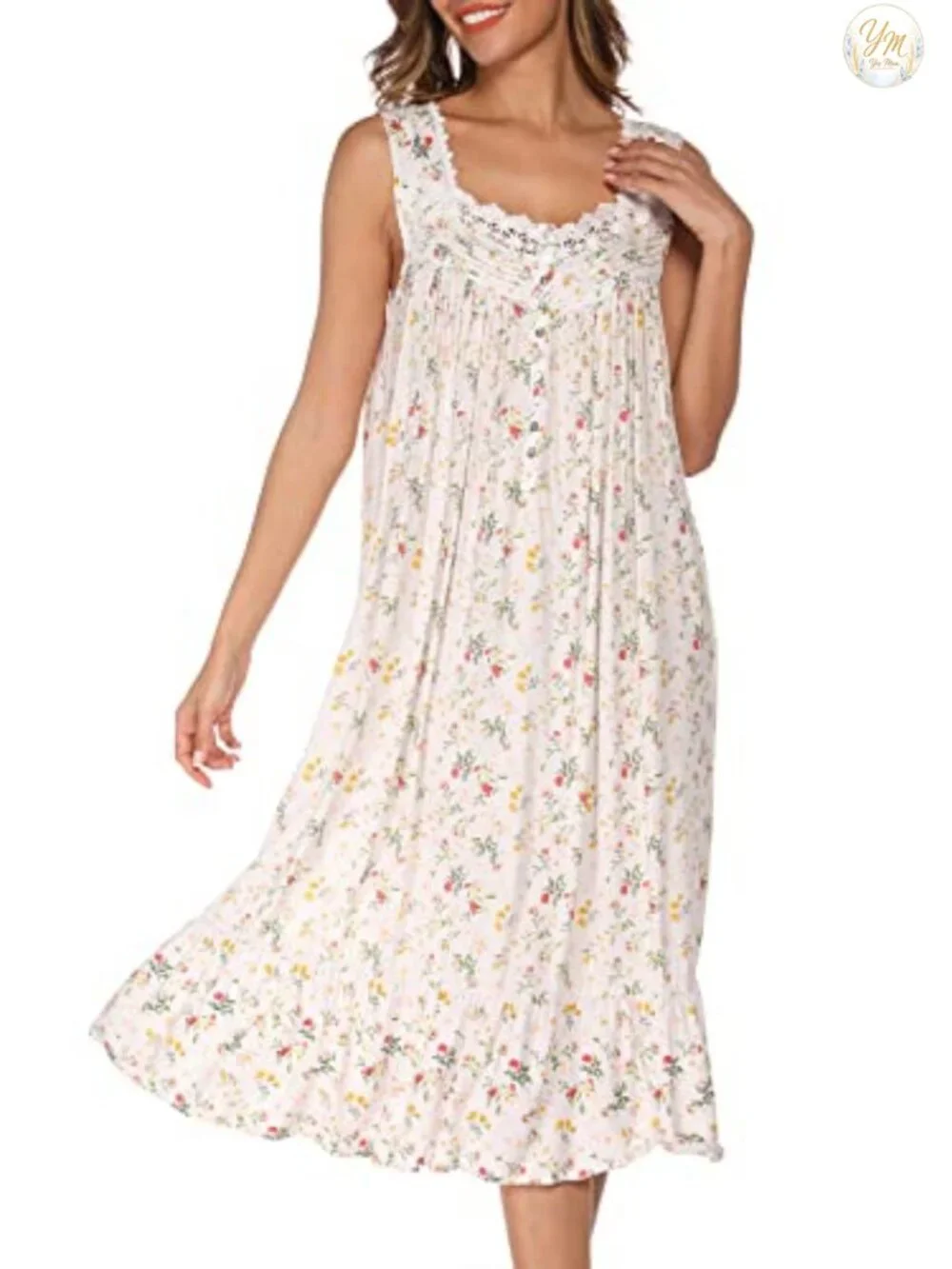 Women's Sleeveless Cotton Nightgown with Pockets, Floral Pintuck Lace Trim
